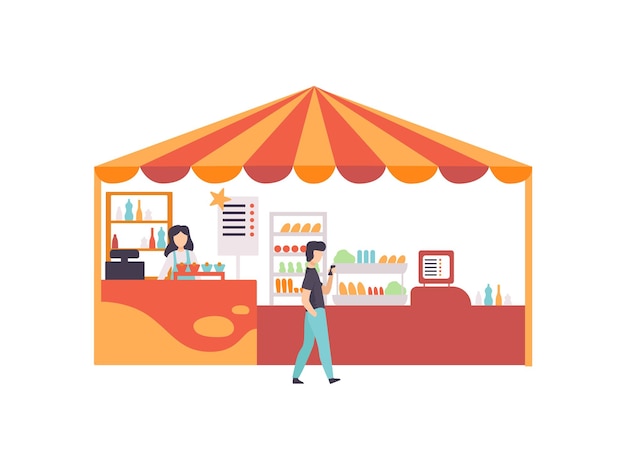 Вектор Уличный магазин с едой, сладостями и десертами. рынок еды с векторной иллюстрацией продавца на белом фоне.