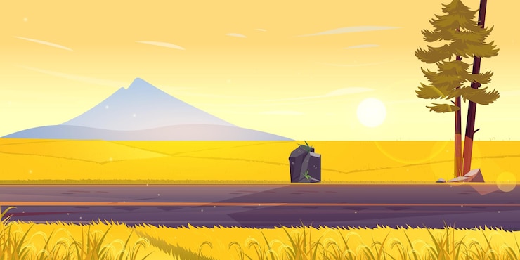 Vector street view with field trees sun and mountains