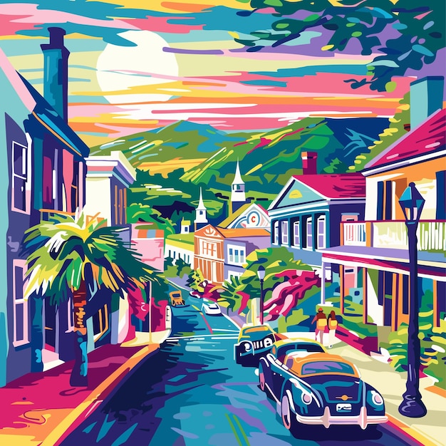 Street with houses palm trees and cars Vector illustration in cartoon style