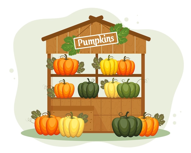 Street wooden trading shop with autumn pumpkins. Thanksgiving Day greeting card, illustration