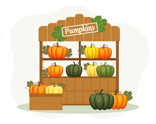 Street wooden trading shop with autumn pumpkins. thanksgiving greeting card, illustration, vector