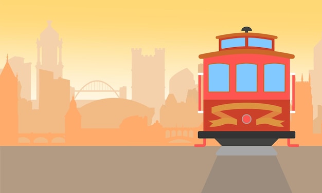 Vector streetcars front view at afternoon sunset vibes city view landscape background flat style design illustration