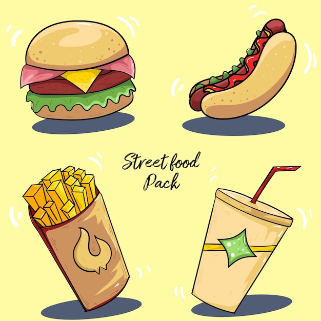 Vector streetfoodpack hamburger hotdog friet shake en sap vector hd pack elementen smakelijke snacks etenswaren