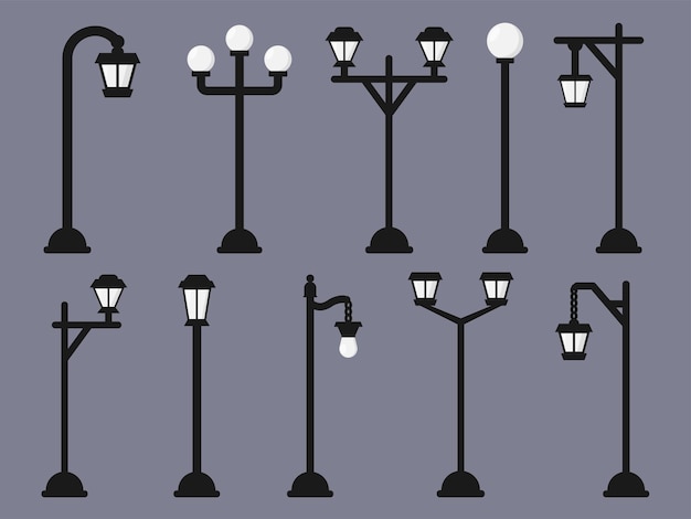 Vettore lampione stradale lampione pali per lanterne stradali vintage colonne per illuminazione elettrica stradale urbana lampione retrò con lampadine a gas o vecchie city park square garden illuminazione esterna