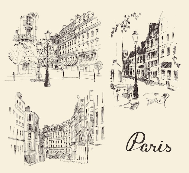 ベクトル パリ、フランスの通り、ヴィンテージの刻まれたイラスト、手描き