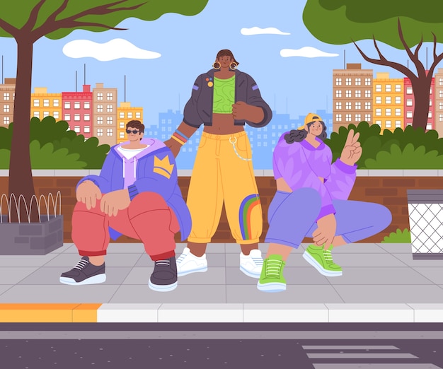 Streetstyle vrienden poseren in een stedelijke omgeving