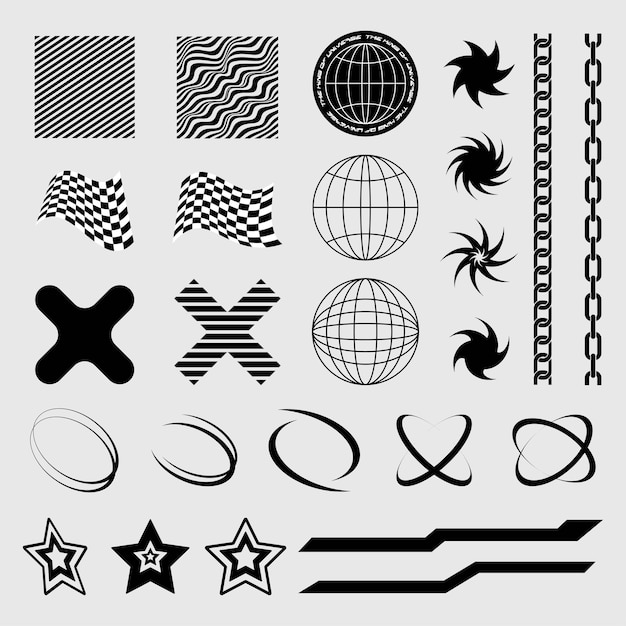 Streetwear fashion design Y2K black element Retro star icons Retro futuristic vector set