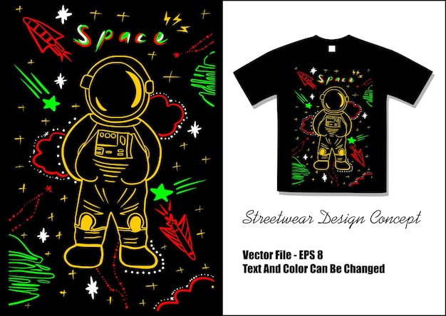 Streetwear shirt design astronauta cielo illustrazione colorata vettore