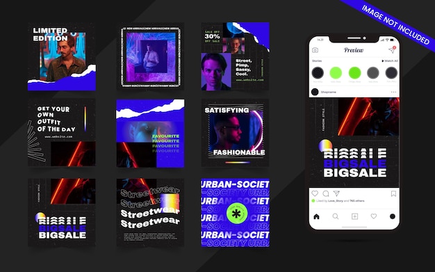 インスタグラムパズルスクエアプロモーションテンプレートのソーシャルメディア投稿フィードバナーのアーバンドープスタイルのファッション販売セットのストリートウェア