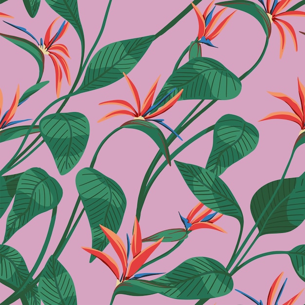 Strelitzia Reginae 열 대 꽃 완벽 한 패턴입니다. 손으로 그린 벡터 일러스트 레이 션. 이국적인 식물 장식. 섬유, 벽지, 배경, 인쇄, 장식용 식물 디자인.