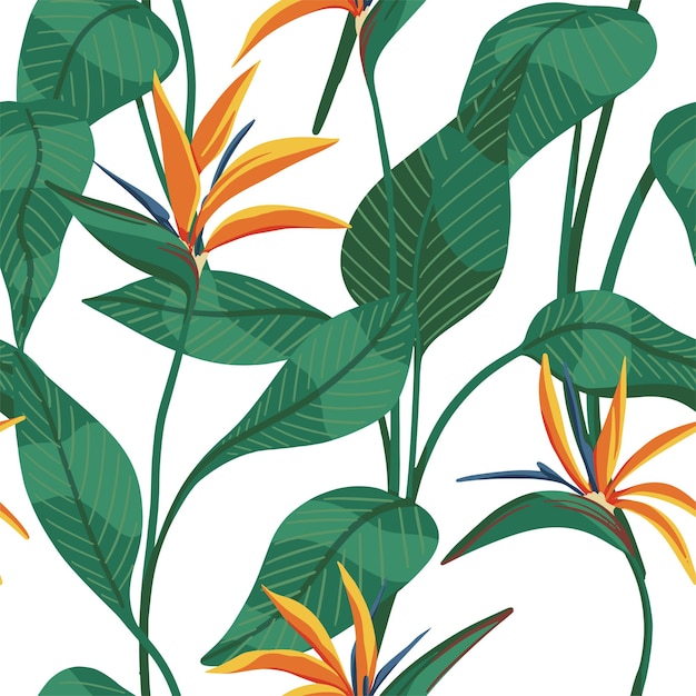 Strelitzia reginae tropical flowers seamless pattern. Hand drawn vector illustration. Exotic plants ornament. Botanical design for textile, wallpaper, background, print, decor.