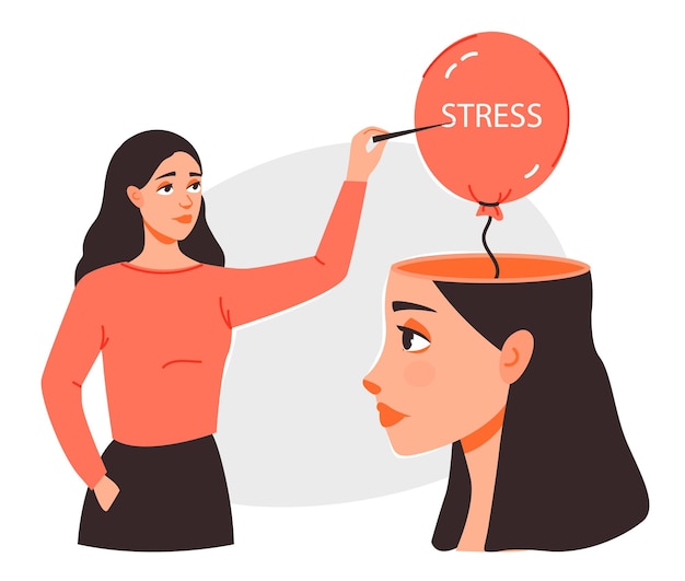 Вектор Осведомленность о стрессе молодая женщина лопает стрессовый пузырь в своей голове управление стрессом депрессия