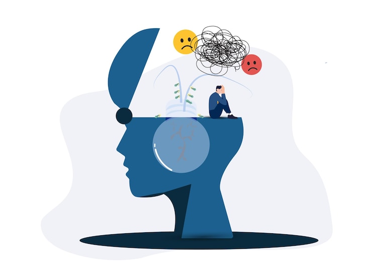 Vector stress burden from overwork mental problems anxiety businessman has heavy messy line in his brain