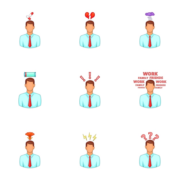 Stress and depression icons set, cartoon style