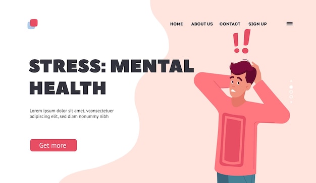 Stress Mental Health Landing Page Template Young Man Stress Shock or Confused Emotion Astonished Male Character
