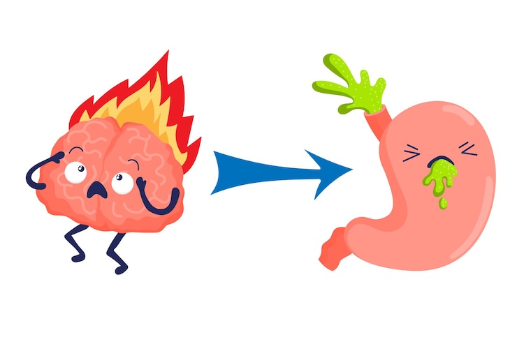 Vector stress nausea vomiting brain and stomach character cartoon burning brain with stomach nausea