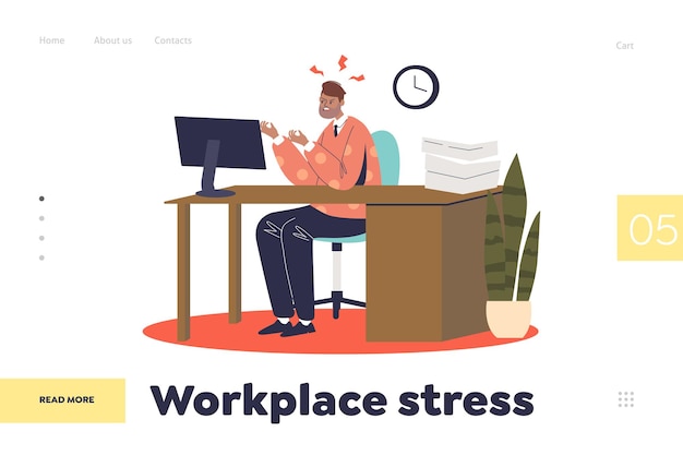 Stress op de werkplek concept van bestemmingspagina met gestresste boze man aan het werk op de computer