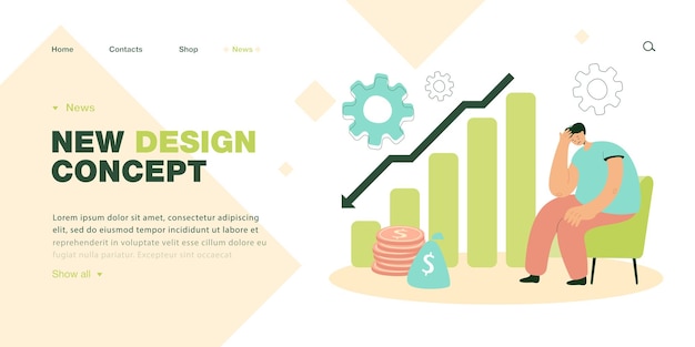 Stress of sad businessman due to falling arrow of graph
