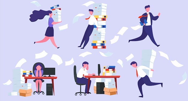 Stress at work and deadline concept. Idea of many work and few time. Employee in a hurry. Panic and stress in office. Set of people with business problems.  illustration