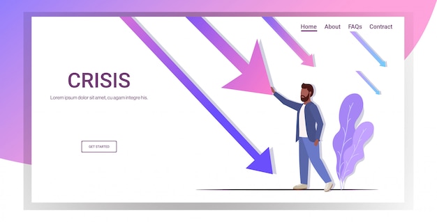 금융 위기 파산 투자 위험 아래로 떨어지는 경제 화살표를 중지 아프리카 계 미국인 사업가 강조