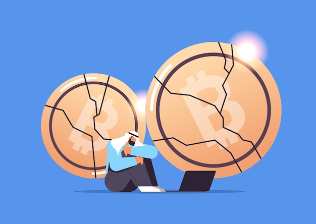 Stressed arab businessman investor sitting near crashed coin cryptocurrency crash bitcoin price collapse crypto loss investment risk crisis concept horizontal vector illustration