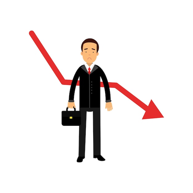 Stressed businessman character standing next to red graph going down, bad sales, business and financial failure, economic crisis vector Illustration isolated on a white background