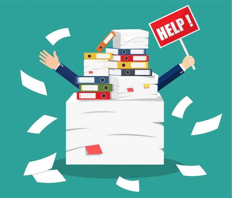 Vector stressed businessman under pile of office papers