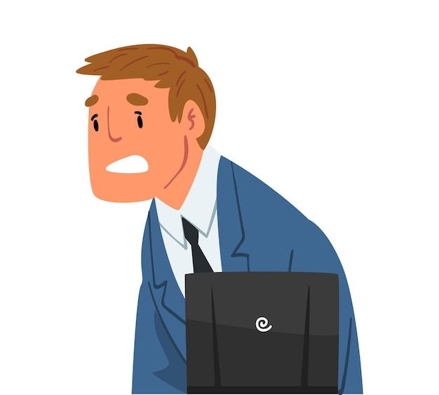 Vector stressed businessman sitting in front of computer male office manager working with laptop vector illustration on white background