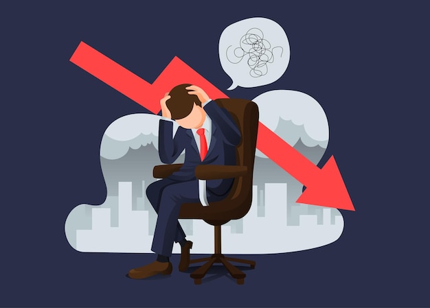 Uomo d'affari stressato seduto con mal di testa in vista della crisi economica e dell'illustrazione della recessione