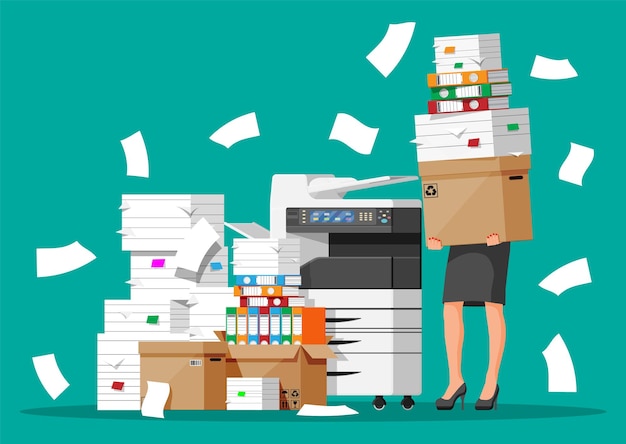 Stressed businesswoman holds pile of office documents Overworked business woman with stacks of papers Stress at work Bureaucracy paperwork big data Vector illustration in flat style