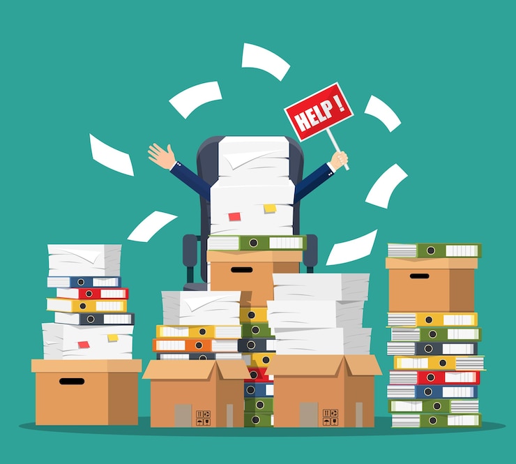 Vector stressed cartoon businessman in pile papers