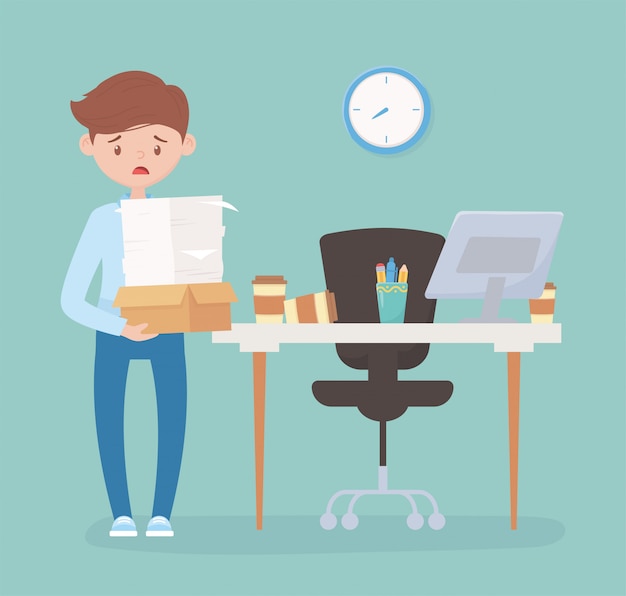Stressed employee with many papers and box in office work stress