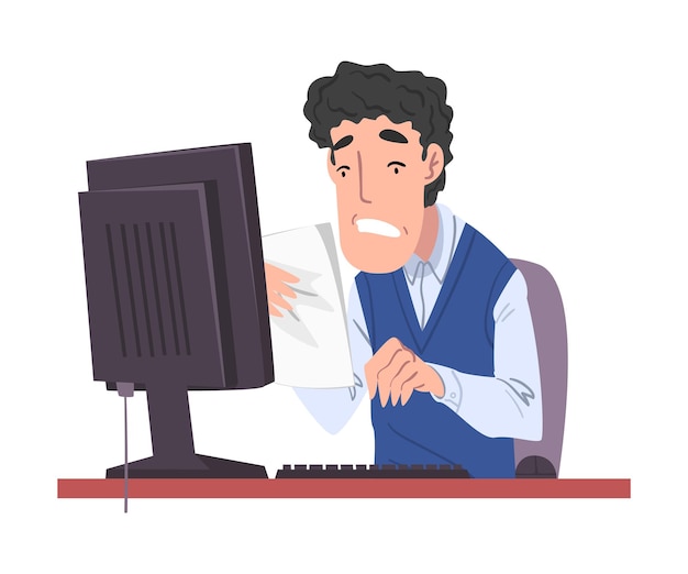 Vector stressed male office worker working overtime overworked businessman sitting at workplace in office vector illustration