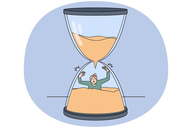 Stressed man sinking in sandglass losing time Male in despair in hourglass miss deadline Time organization and schedule Vector illustration