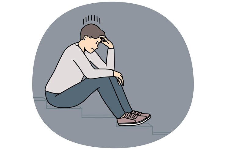 Vector 스트레스를 받는 남자는 계단에 앉아 생각하거나 계획을 세웁니다. 고민하는 불행한 남자는 딜레마나 문제가 있는 생각에 빠져 있습니다. 벡터 일러스트레이션