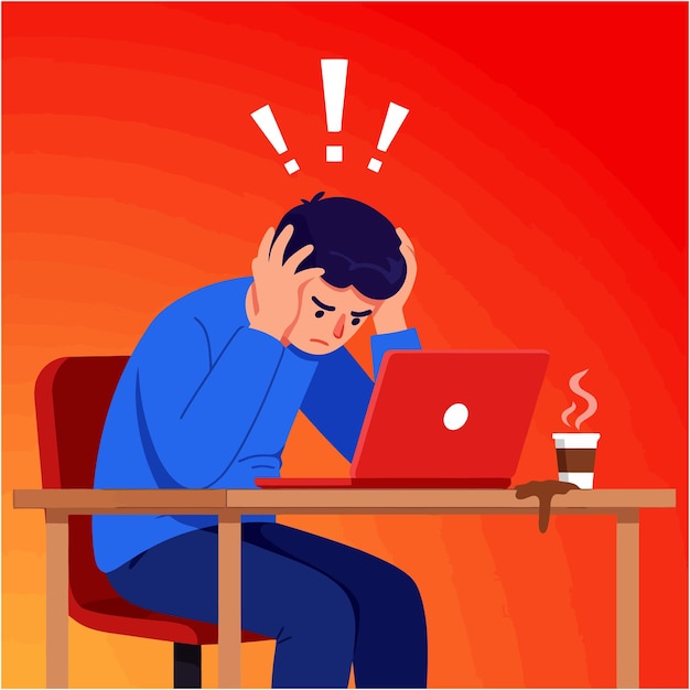 ラップトップの問題を解決するストレスに悩まされた男