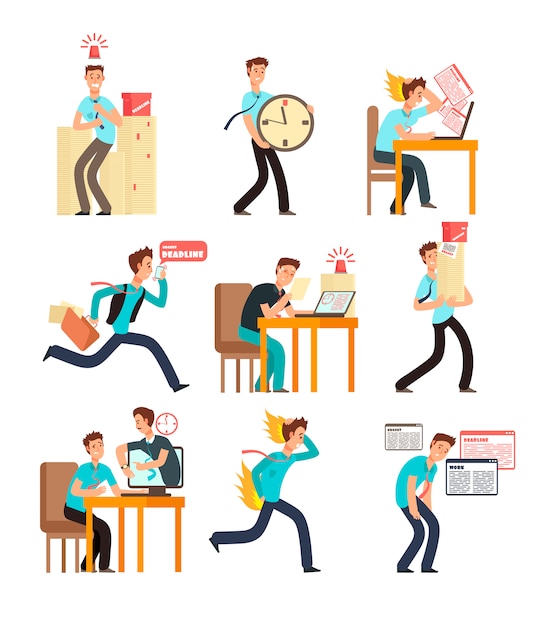 Stressed office people for deadline and time management concept. businessman under deadline workload. vector characters