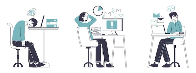 Stressed office workers work deadline flat vector illustration on white background