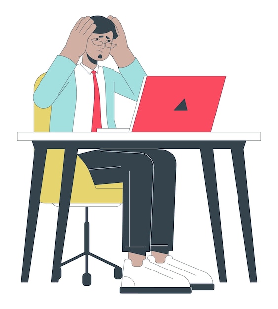 Stressed out indian man at workplace 2d linear cartoon character adult south asian male office worker isolated line vector person white background overload overworked color flat spot illustration