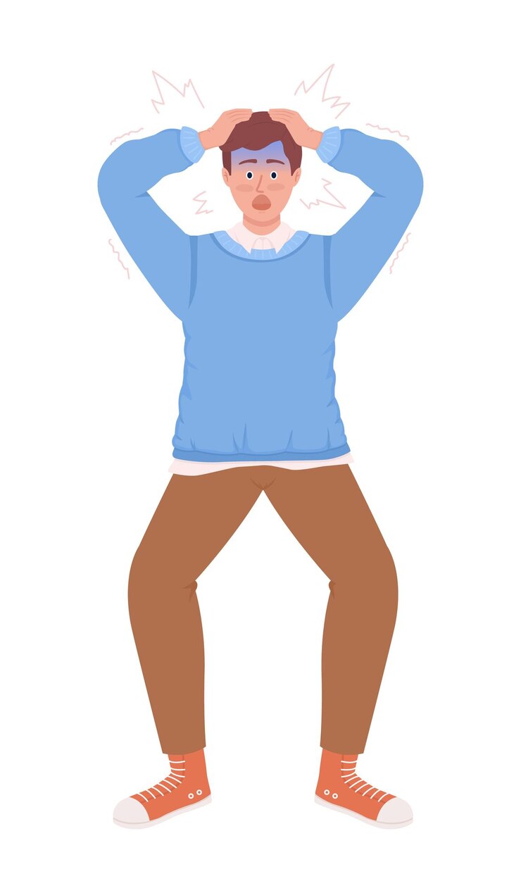 Vector stressed out man clutching head semi flat color vector character