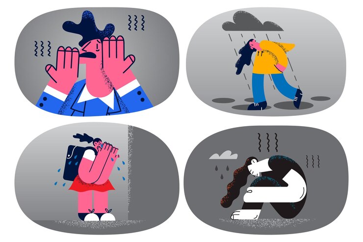Vector 스트레스를 받은 사람들은 괴롭힘이나 우울증으로 힘들어하며 불행하고 괴로워하며 울고 있습니다. 정신 장애로 고통받는 화가 난 여성은 도움이나 상담이 필요합니다. 탈진. 벡터 일러스트 레이 션. 세트.
