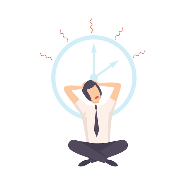 वेक्टर stressed student sitting on floor under clock nervous teen before exams deadline time pressure vector illustration on white background