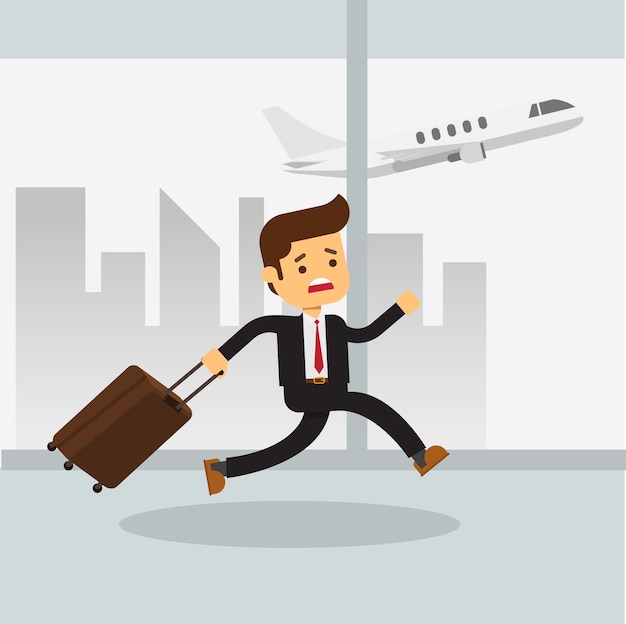 Stressed unhappy businessman running after airplane