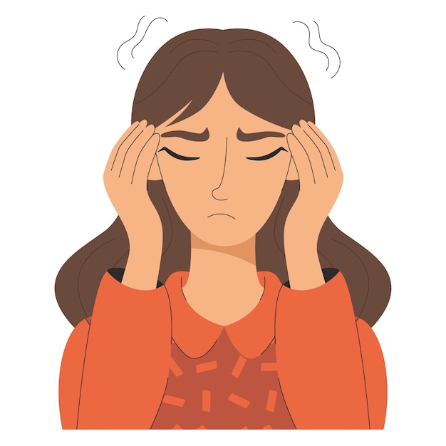 ストレスを感じている女性は神殿の近くで手を握っています頭痛