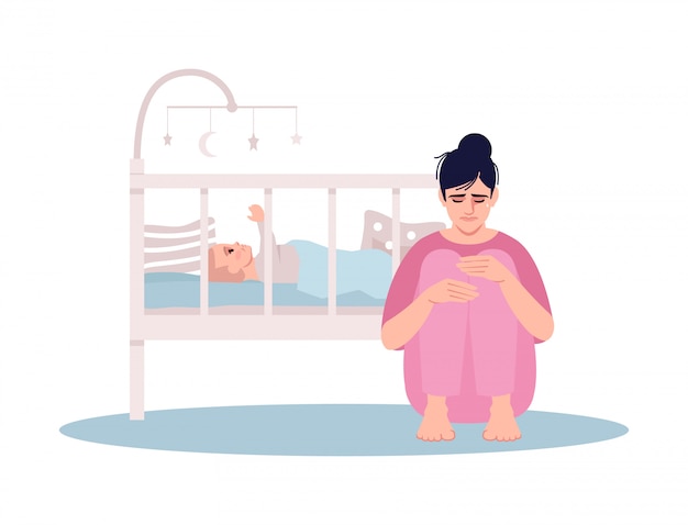 Stressed young mother semi flat illustration