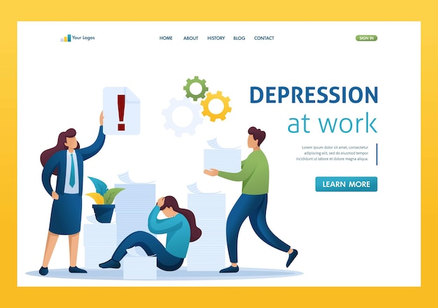 Vettore situazione stressante della depressione dell'ufficio sul lavoro un gran numero di rapporti carattere piatto 2d concetti della pagina di destinazione e web design