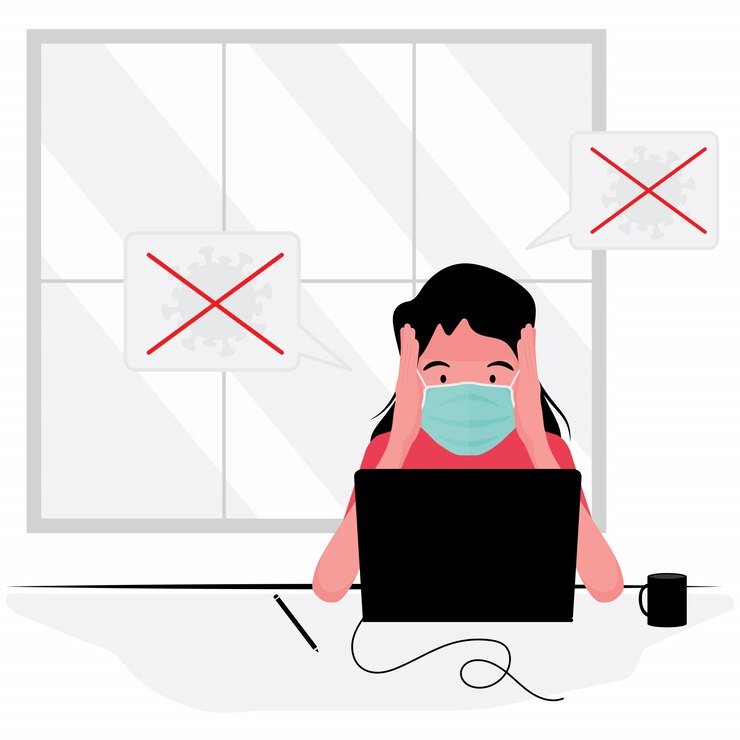 Vector a stressful women is working in computer while wearing mask following new normal policy