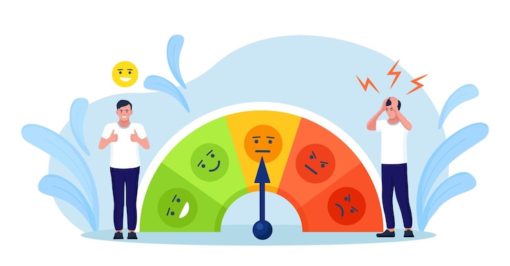 Vector stressniveau, stemmingsschaal. de mens lost problemen op en vermindert de psychologische druk. persoon moe vanwege emotionele en werkoverbelasting. burn-out en verhoogde productiviteit. depressief en geestesziekte