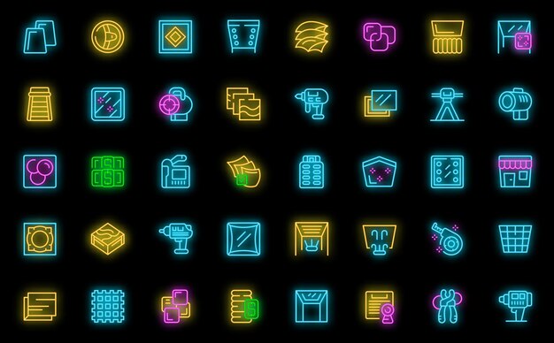 Stretch ceiling icons set outline vector Energy house Decorative device neon color on black