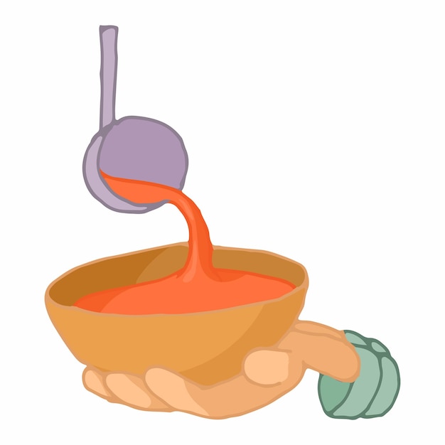 Stretched hand with a bowl for food icon in cartoon style on a white background